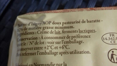 Beurre d'Isigny AOP de baratte - doux - Ingredients - fr